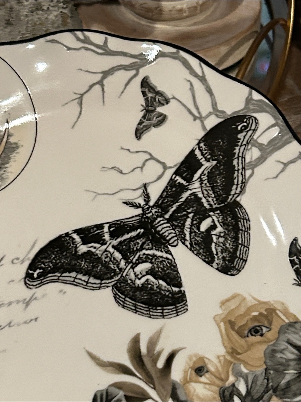 NEW! Gothic Black Butterfly Moth & Floral Toile Floral Ceramic Serving Plate - Picture 3 of 7